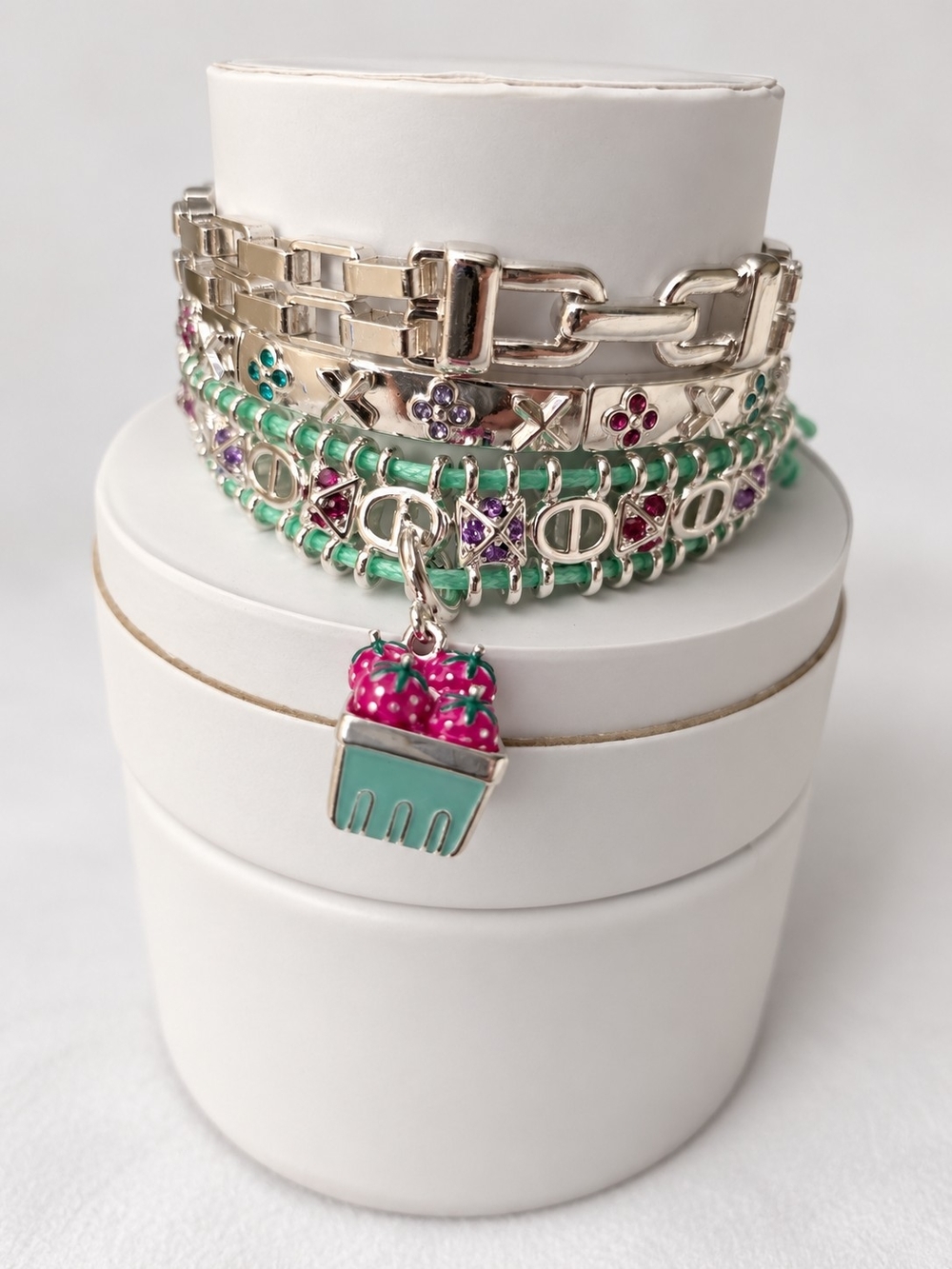 Bomb Party Berry Market Fashion Silver & Mint Green Stackable Charm Bracelet Set